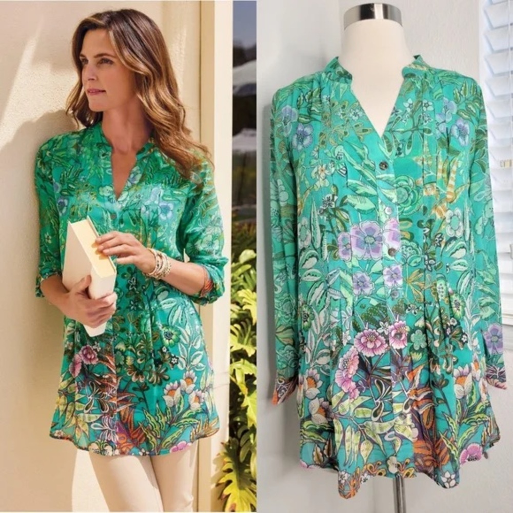 Women’s Soft Surroundings Luau Garden Tunic Shirt Busted Blue Size XS